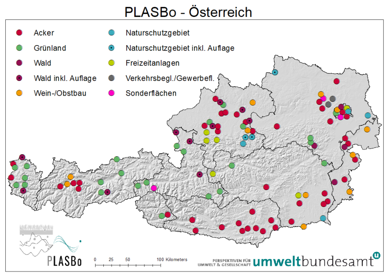 Die Abbildung zeigt eine Österreichkarte, wo die untersuchten Standorte lokalisiert sind und welche Nutzungsarten vorliegen.