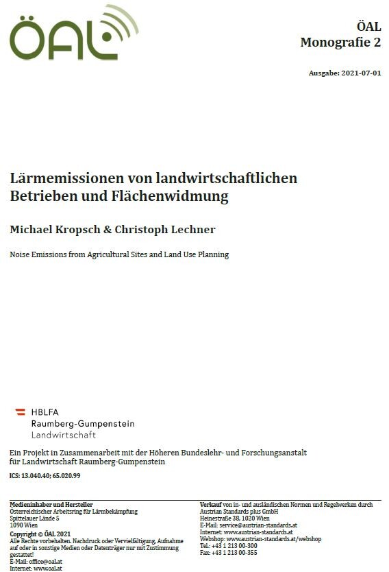 Titelblatt der ÖAL Monografie 2, Lärmemissionen von landwirtschaftlichen Betrieben und Flächenwidmung, Ausgabe 2021-07-01